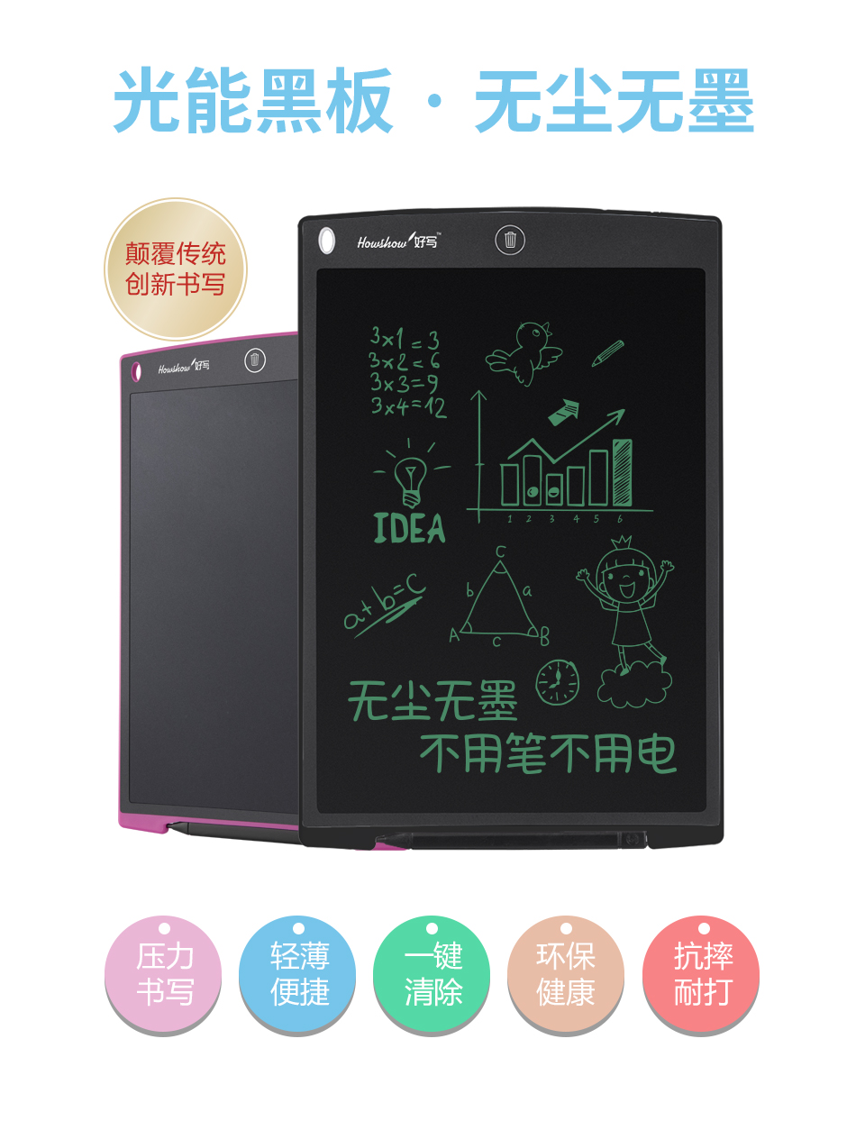 光能黑板無塵無墨，顛覆傳統(tǒng)創(chuàng)新書寫；壓力書寫、輕薄便捷、一鍵清除、環(huán)保健康、抗摔耐打