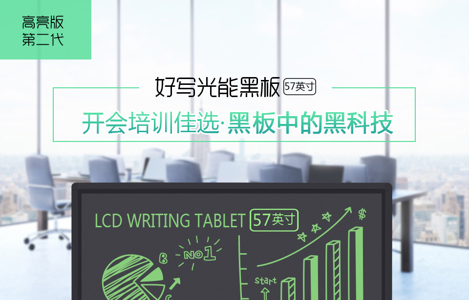 好寫(xiě)光能黑板57英寸，開(kāi)會(huì)培訓(xùn)佳選，黑板中的黑科技。壓感書(shū)寫(xiě)、一鍵清除、纖薄時(shí)尚、安全環(huán)保、提高效率。